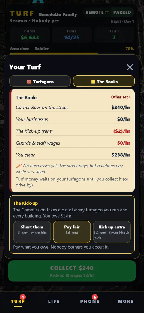 The Books: a ledger of Corner Boys, businesses, the Kick-up and wages, with options to short, pay fair or kick up extra