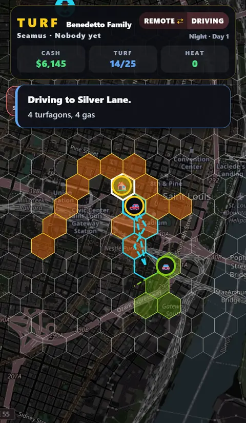Remote play: the car driving a dotted route through your gold turf toward open land while a rival car waits nearby