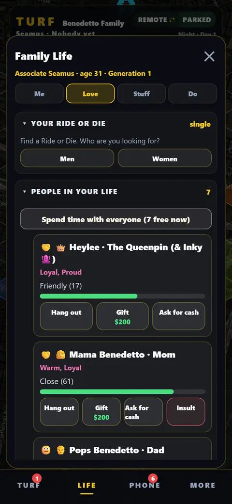 Family Life: your Ride or Die and the people in your life, with hang out, gift and ask for cash