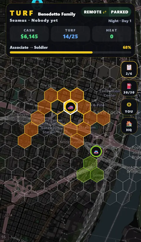 Turfagon's map: gold hexagons of your turf in downtown St. Louis, a rival Family's green turf to the south, and the HUD with cash, turf and heat
