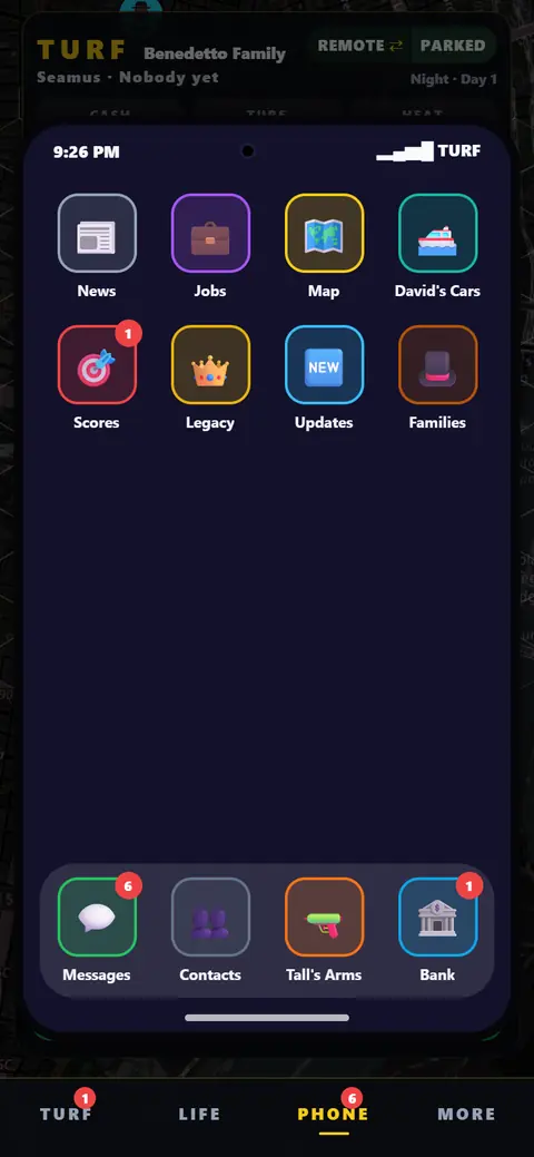 The in-game phone home screen with News, Jobs, Map, David's Cars, Scores, Legacy, Families, Messages, Contacts, Tall's Arms and Bank